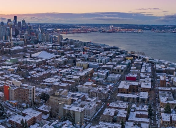 Seattle Washington Skyline Colorful Skies Aerial View Panoramic Seattle Washington Skyline Colorful Skies Aerial View Panoramic